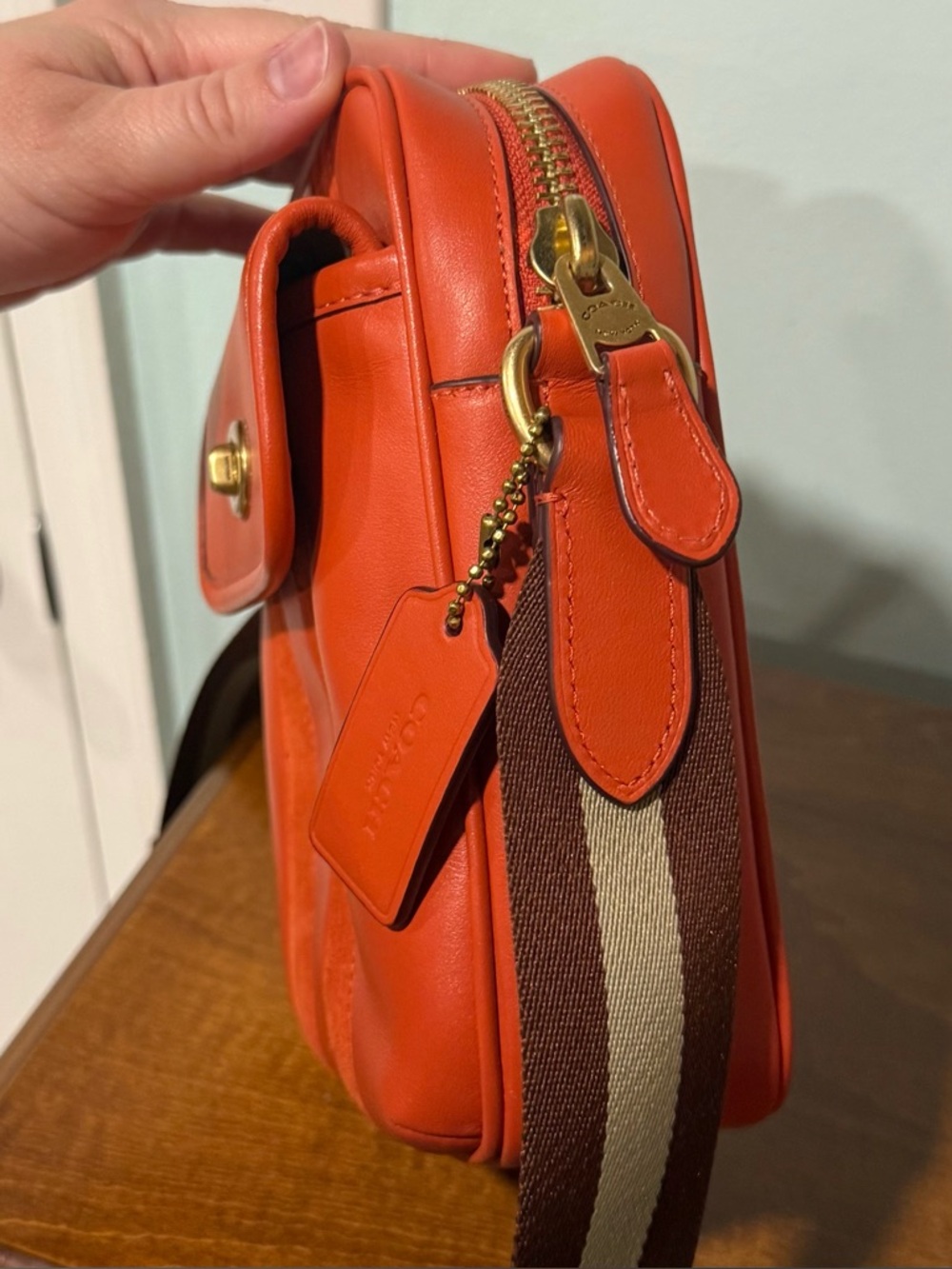 Coach Heritage Orange Smooth Leather Crossbody Turnlock Camera Bag Striped Strap - Picture 8 of 13